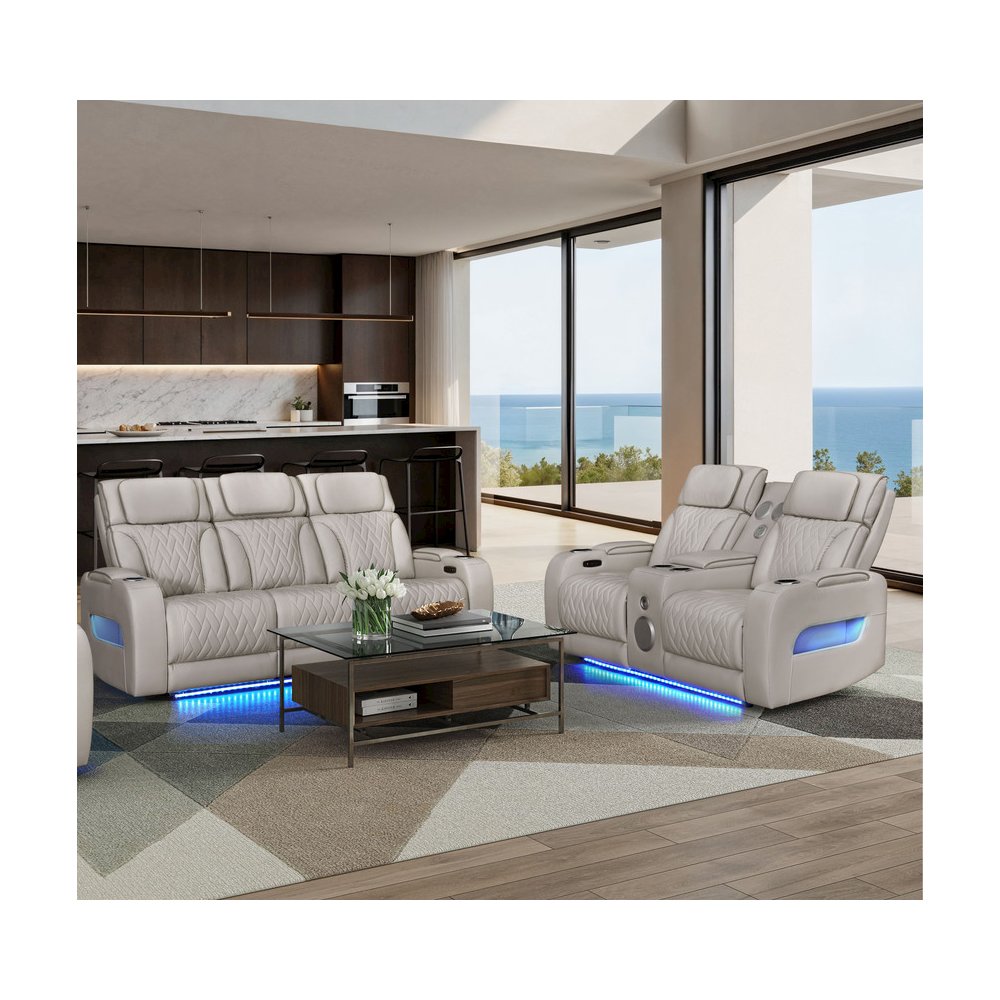 Ice Leather Aire Transformer Power Reclining Sofa & Loveseat Living Room Set. Picture 3
