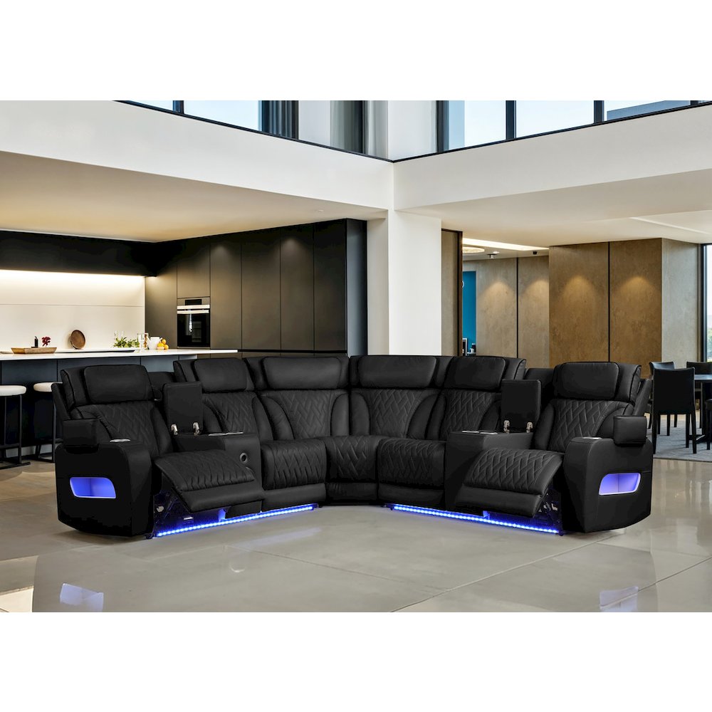 Jazz 117"W Black Leather Aire Transformer Power Reclining Sectional Sofa. Picture 7