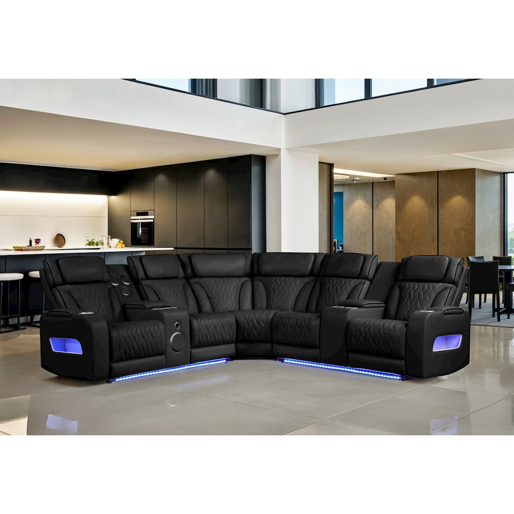 Jazz 117"W Black Leather Aire Transformer Power Reclining Sectional Sofa. Picture 2