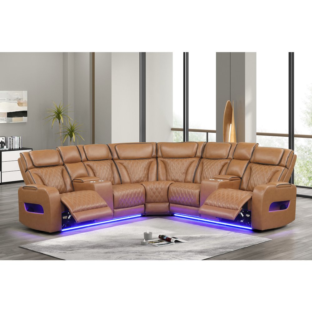 116" Light Brown Leather Aire Transformer Power Reclining Sectional Sofa. Picture 2