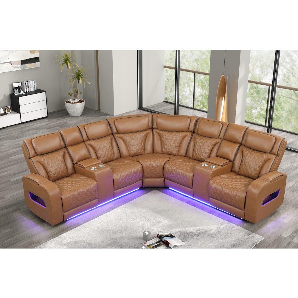 116" Light Brown Leather Aire Transformer Power Reclining Sectional Sofa. Picture 3