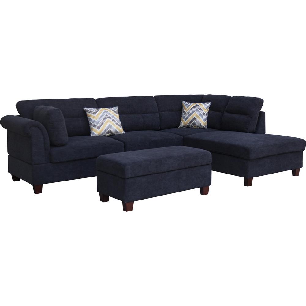 Diego Black Fabric Sectional Sofa with Right Facing Chaise, Storage Ottoman, and 2 Accent Pillows. Picture 1
