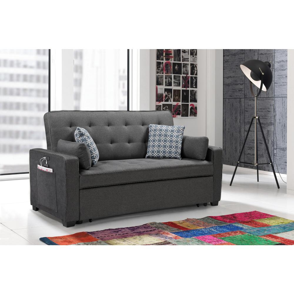 70"W Modern Gray Fabric Sleeper Sofa with 2 USB Charging Ports and 4 Pillows. Picture 7