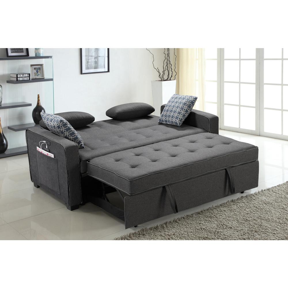 70"W Modern Gray Fabric Sleeper Sofa with 2 USB Charging Ports and 4 Pillows. Picture 6