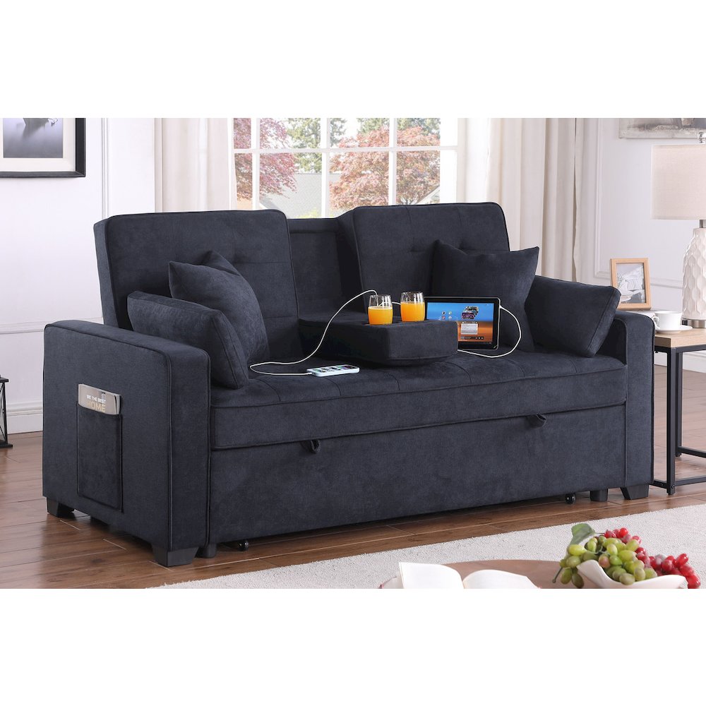 Cody II 70"W Dark Gray Woven Convertible Sleeper Loveseat with Dropdown Console. Picture 6