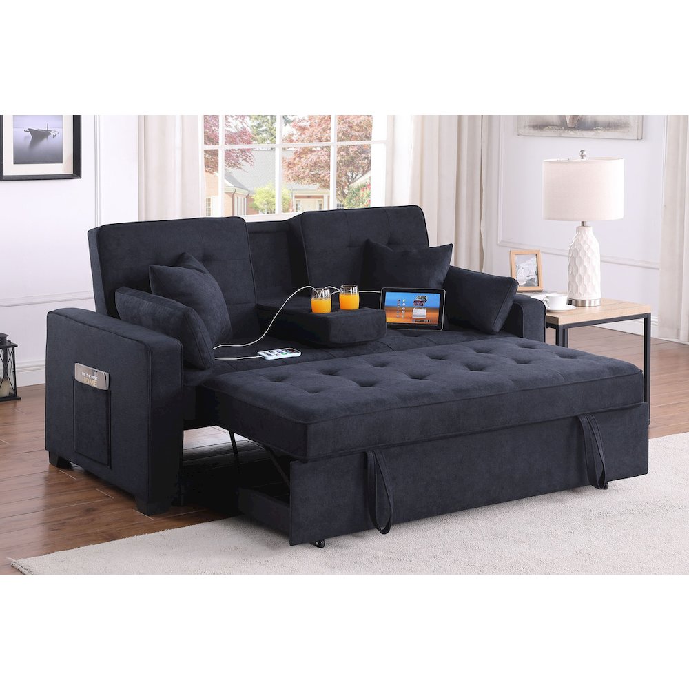 Cody II 70"W Dark Gray Woven Convertible Sleeper Loveseat with Dropdown Console. Picture 5