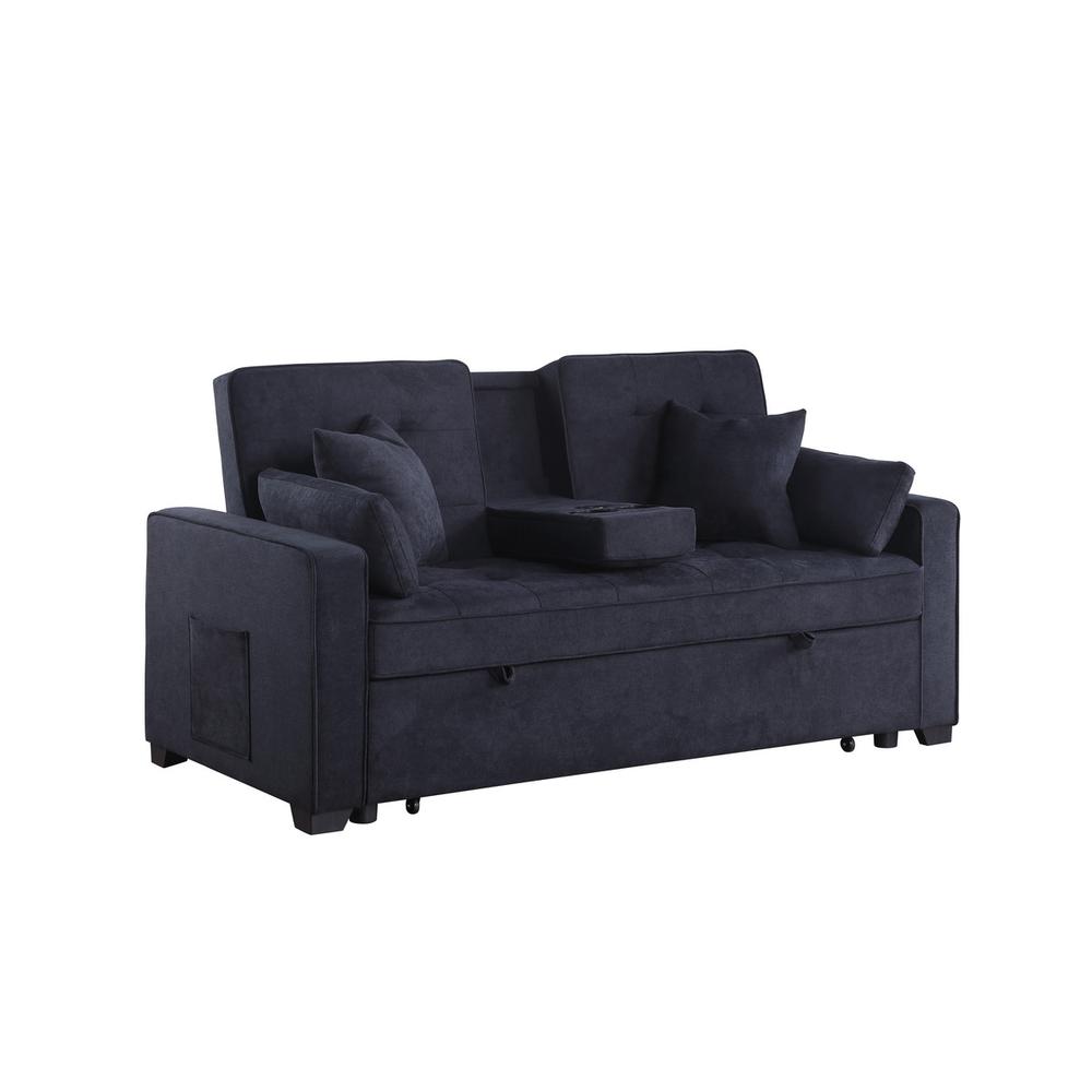 69.5"W Dark Gray Woven Fabric Convertible Sleeper Loveseat with Cup Holder. Picture 1