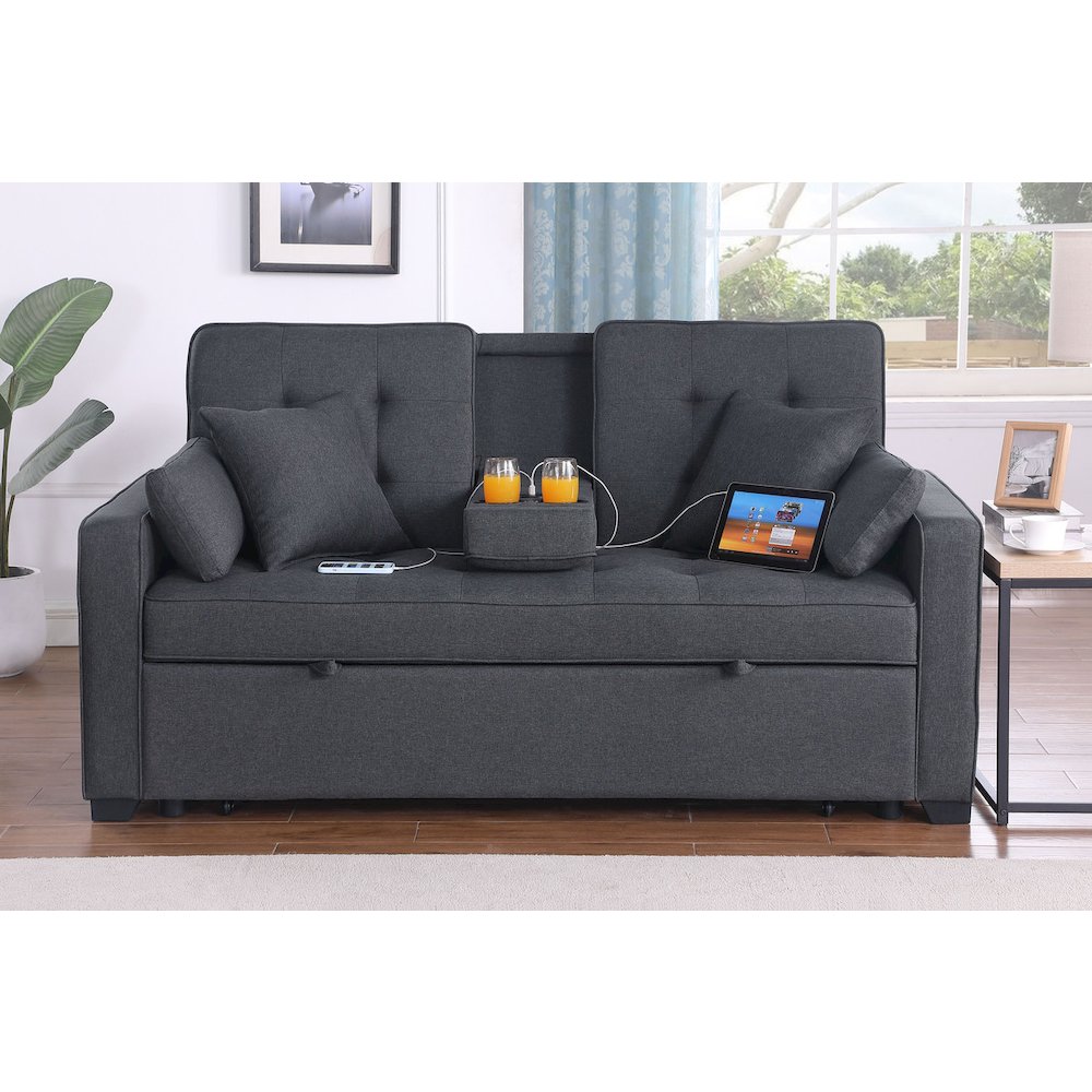 Cody II 70"W Dark Gray Linen Convertible Sleeper Loveseat with Dropdown Console. Picture 8
