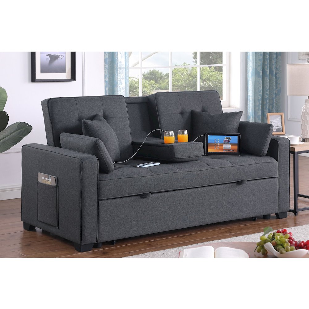 Cody II 70"W Dark Gray Linen Convertible Sleeper Loveseat with Dropdown Console. Picture 6