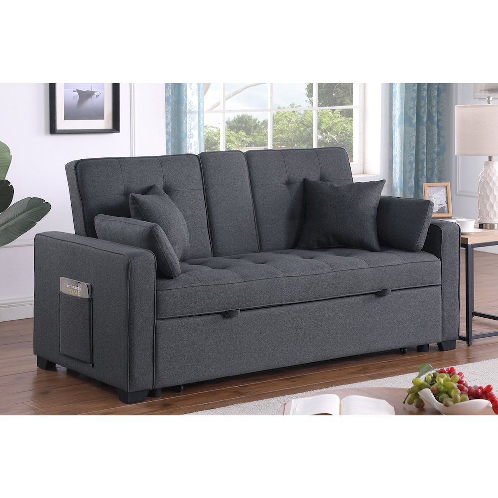 Cody II 70"W Dark Gray Linen Convertible Sleeper Loveseat with Dropdown Console. Picture 2