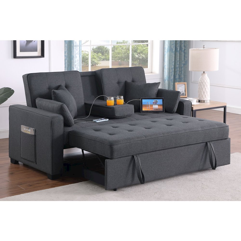 Cody II 70"W Dark Gray Linen Convertible Sleeper Loveseat with Dropdown Console. Picture 5