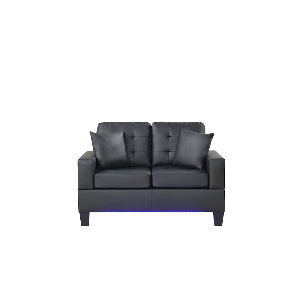 55.5"W Black PVC Fabric Loveseat with LED Lights, USB Charger, Tufted Cushions. Picture 2