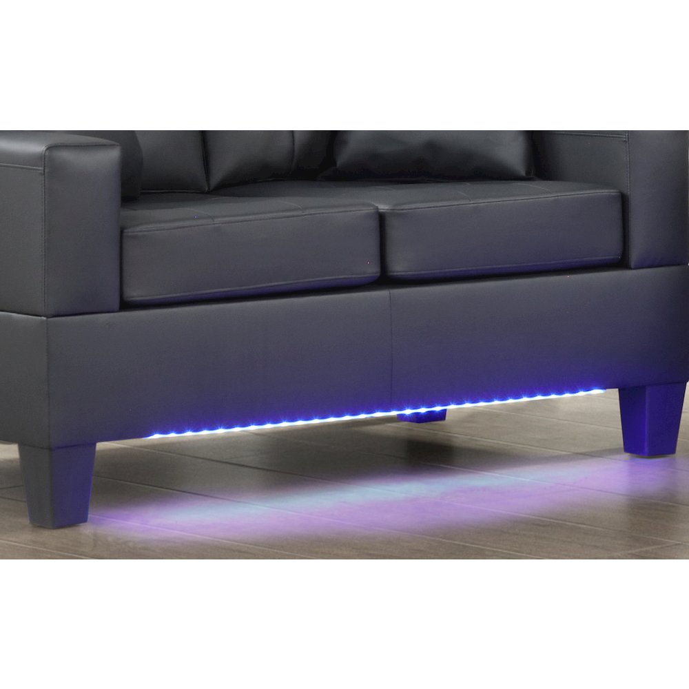 55.5"W Black PVC Fabric Loveseat with LED Lights, USB Charger, Tufted Cushions. Picture 3