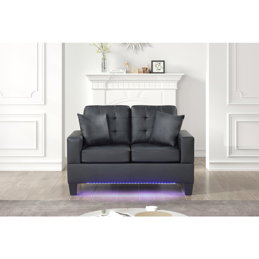 55.5"W Black PVC Fabric Loveseat with LED Lights, USB Charger, Tufted Cushions. Picture 4