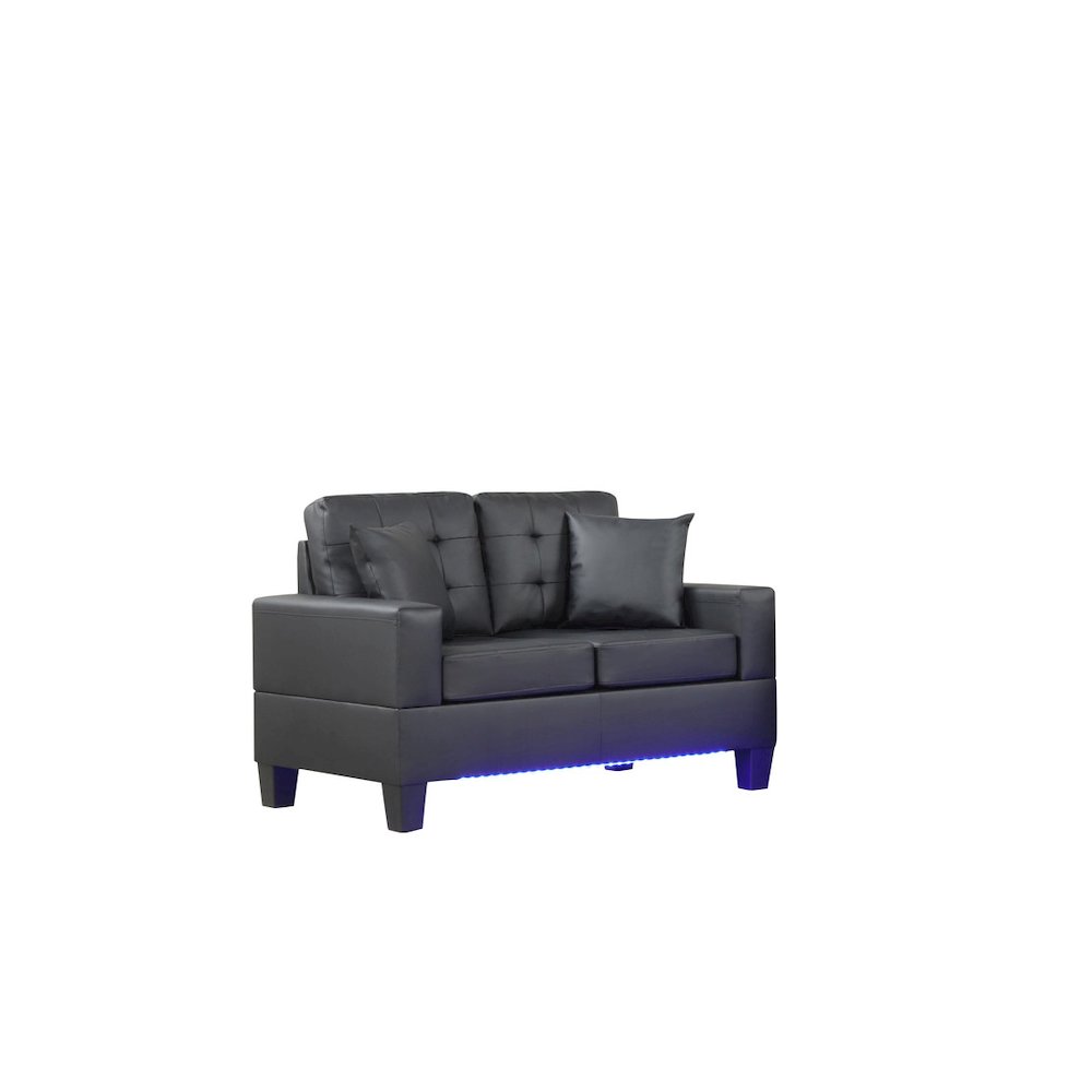 55.5"W Black PVC Fabric Loveseat with LED Lights, USB Charger, Tufted Cushions. Picture 1