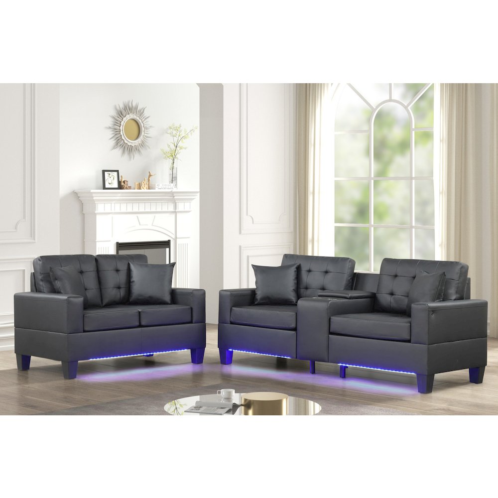 Black PVC Fabric Sofa Loveseat Living Room Set with LED Lights. Picture 4