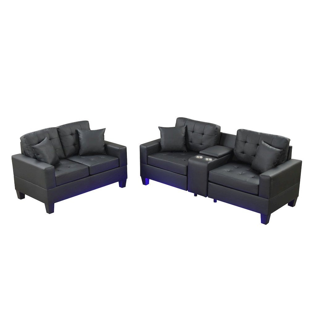 Black PVC Fabric Sofa Loveseat Living Room Set with LED Lights. Picture 2
