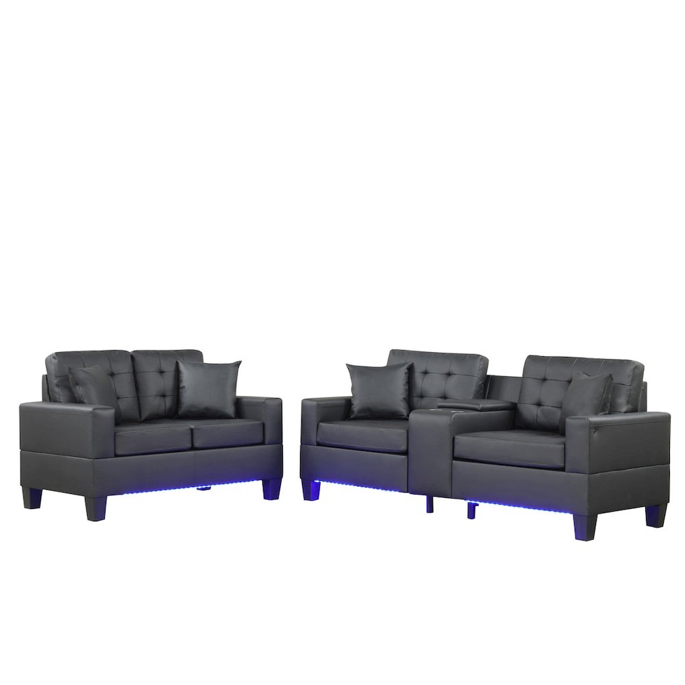 Black PVC Fabric Sofa Loveseat Living Room Set with LED Lights. Picture 1