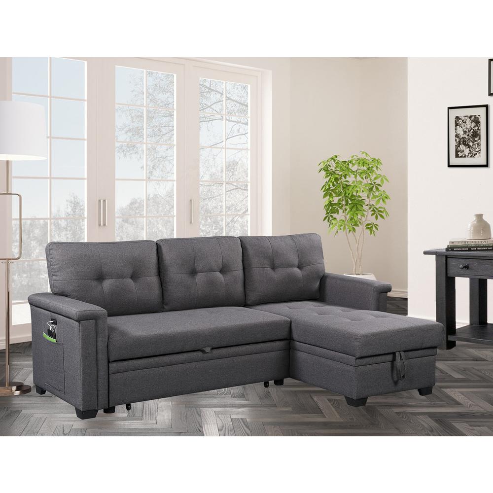 Nathan Dark Gray Reversible Sleeper Sectional Sofa with Storage Chaise, USB Charging Ports and Pocket. Picture 7