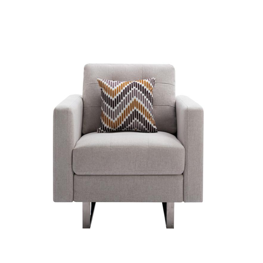Victoria Beige Linen Fabric Armchair with Metal Legs, Side Pockets, and Pillow. Picture 3