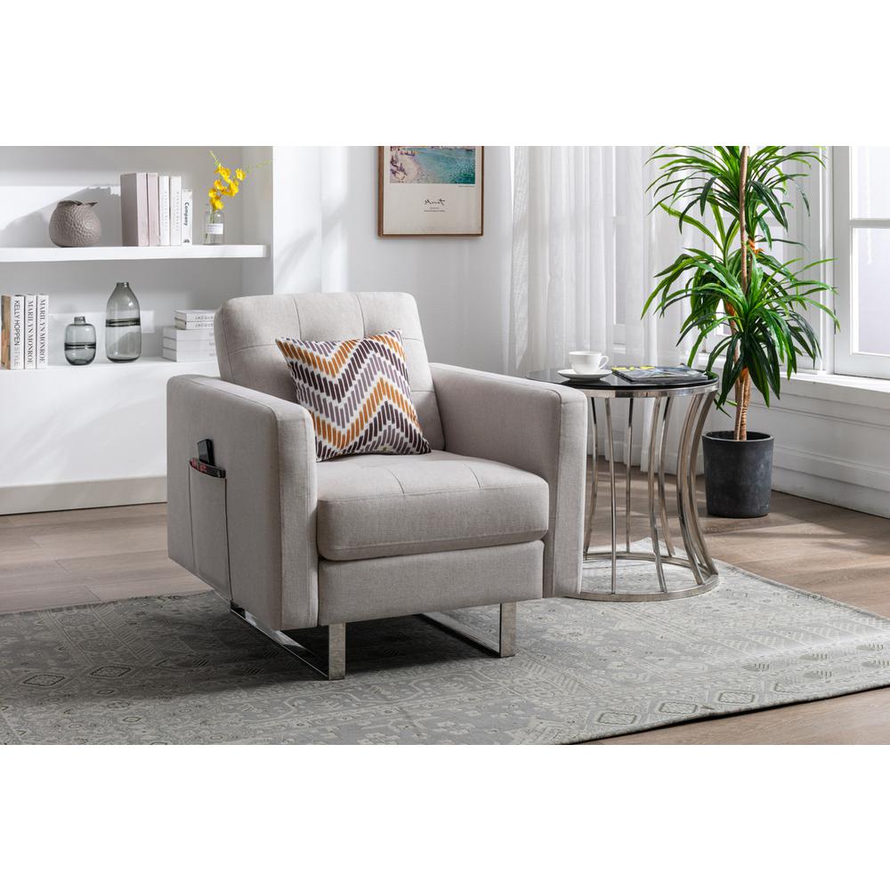 Victoria Beige Linen Fabric Armchair with Metal Legs, Side Pockets, and Pillow. Picture 4