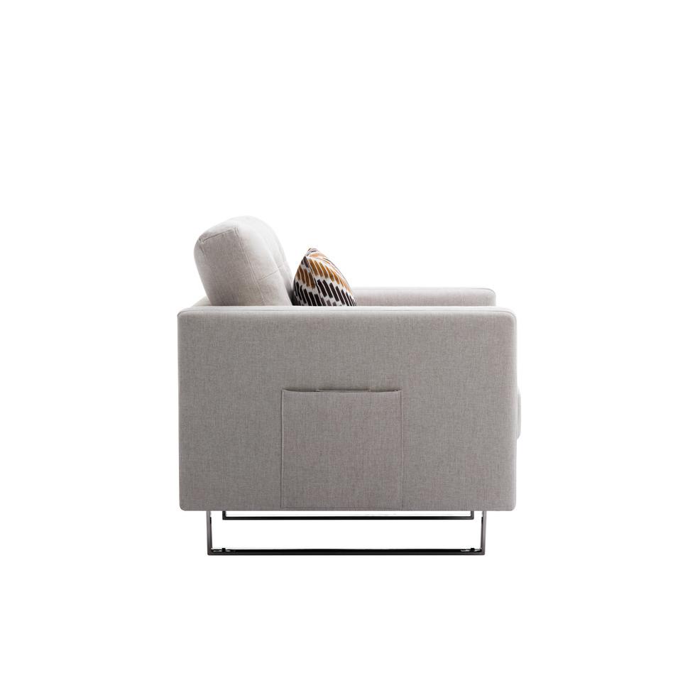 Victoria Beige Linen Fabric Armchair with Metal Legs, Side Pockets, and Pillow. Picture 5