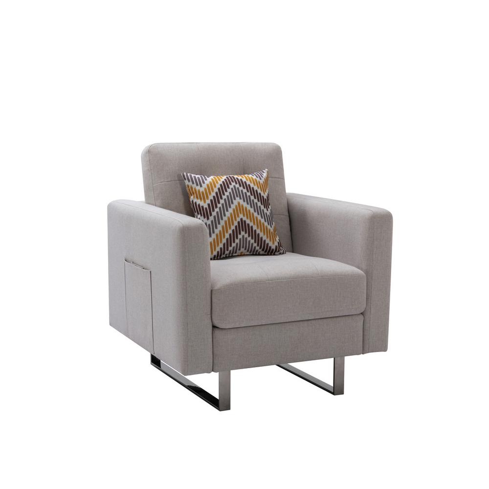 Victoria Beige Linen Fabric Armchair with Metal Legs, Side Pockets, and Pillow. Picture 1