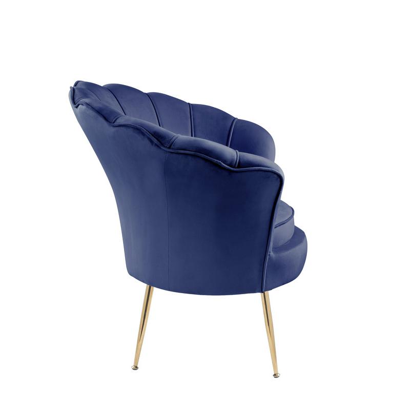 Angelina Blue Velvet Scalloped Back Barrel Accent Chair with Metal Legs. Picture 3