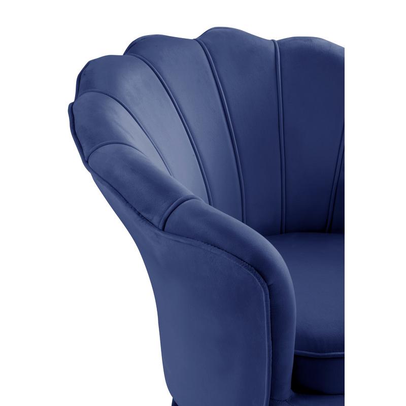 Angelina Blue Velvet Scalloped Back Barrel Accent Chair with Metal Legs. Picture 6