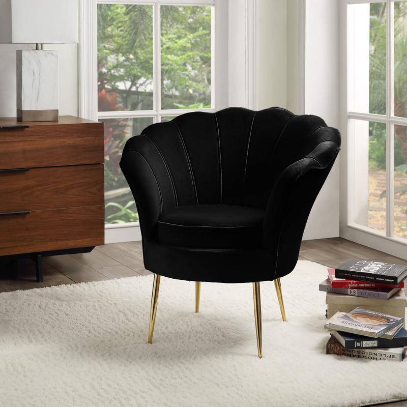 Angelina Black Velvet Scalloped Back Barrel Accent Chair with Metal Legs. Picture 4