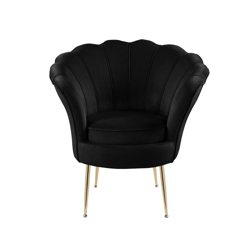 Angelina Black Velvet Scalloped Back Barrel Accent Chair with Metal Legs. Picture 2