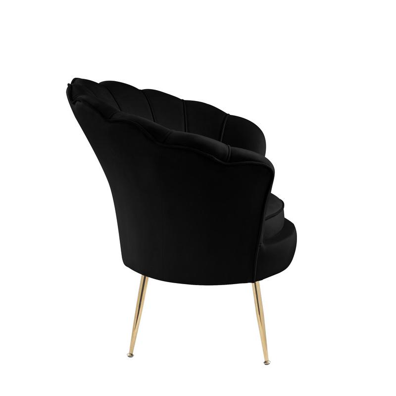 Angelina Black Velvet Scalloped Back Barrel Accent Chair with Metal Legs. Picture 3