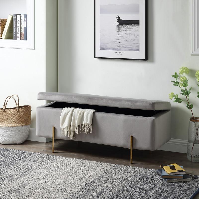 Emma Gray Velvet Storage Bench with Metal Legs. Picture 4