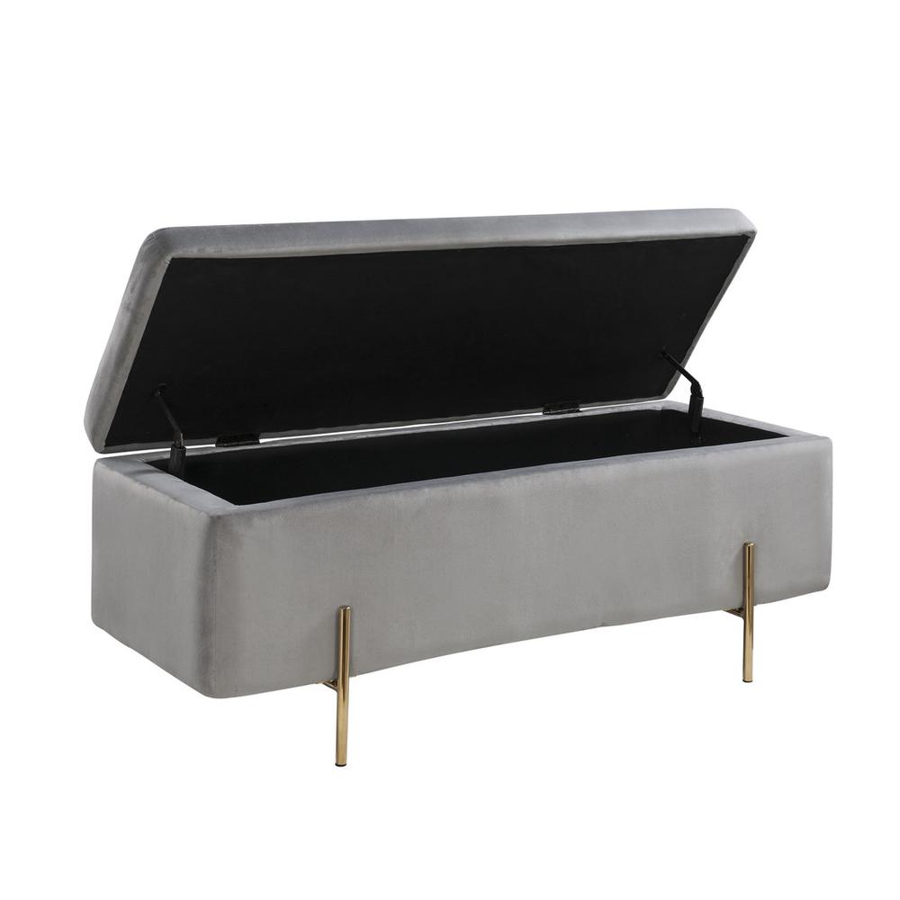 Emma Gray Velvet Storage Bench with Metal Legs. Picture 2