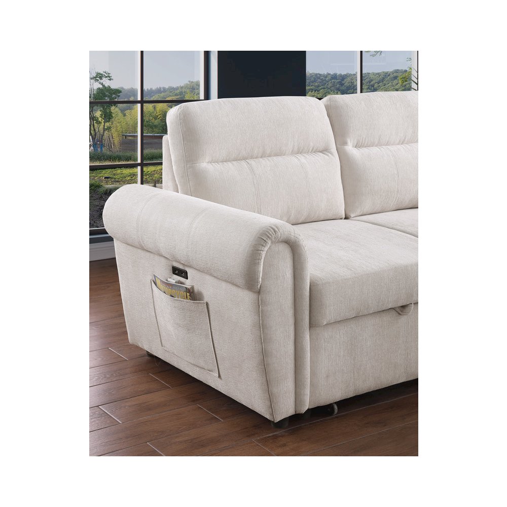 97"W Beige Chenille Reversible Sleeper Sectional Sofa Chaise with USB Charger. Picture 10