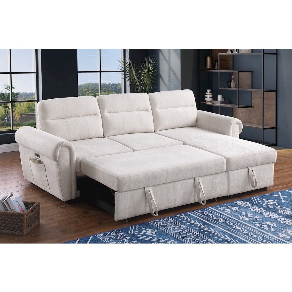 97"W Beige Chenille Reversible Sleeper Sectional Sofa Chaise with USB Charger. Picture 4