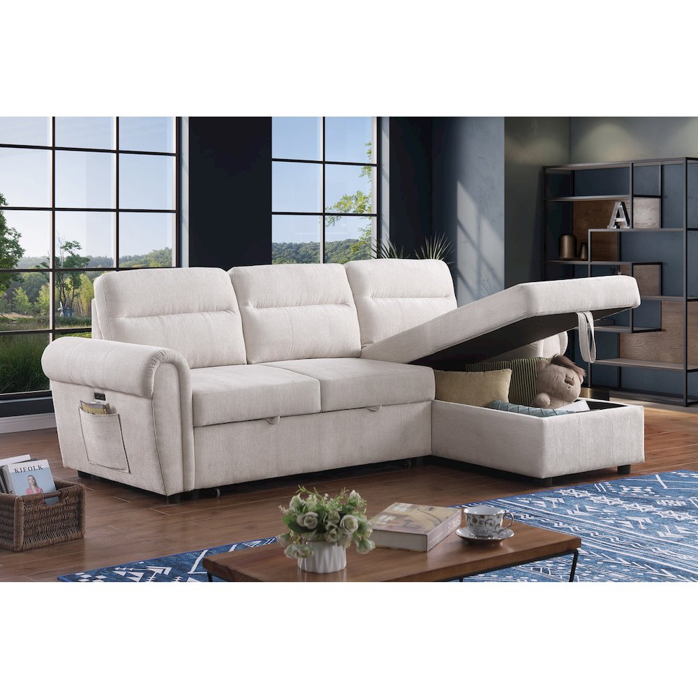 97"W Beige Chenille Reversible Sleeper Sectional Sofa Chaise with USB Charger. Picture 2