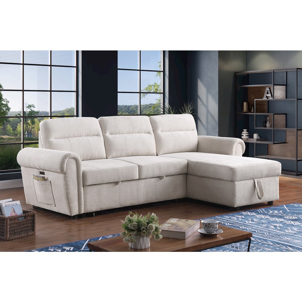 97"W Beige Chenille Reversible Sleeper Sectional Sofa Chaise with USB Charger. Picture 3