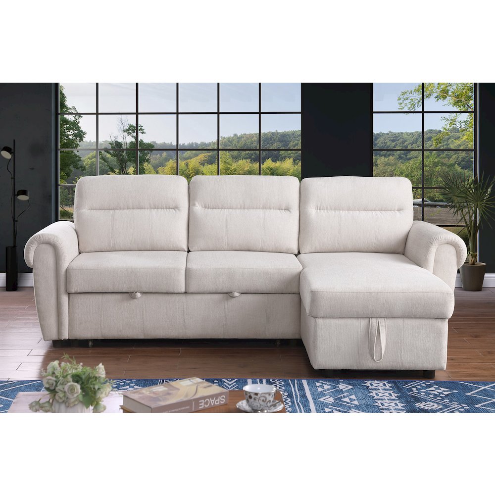97"W Beige Chenille Reversible Sleeper Sectional Sofa Chaise with USB Charger. Picture 5