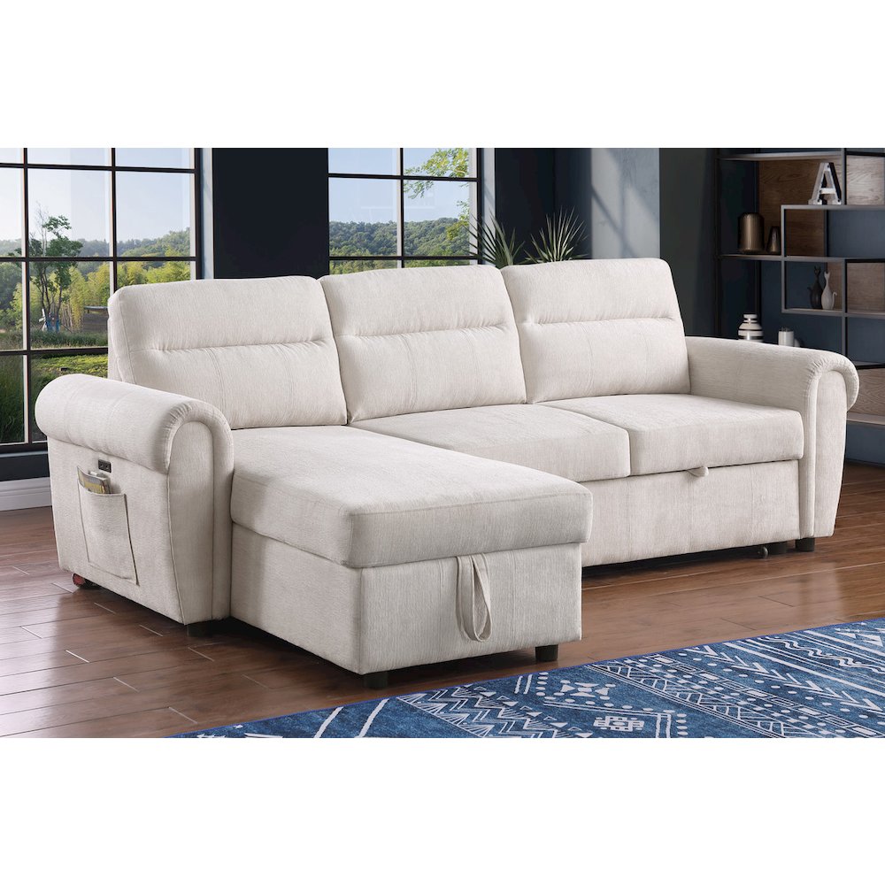 97"W Beige Chenille Reversible Sleeper Sectional Sofa Chaise with USB Charger. Picture 6