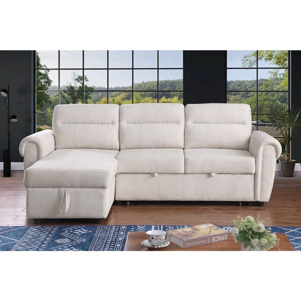 97"W Beige Chenille Reversible Sleeper Sectional Sofa Chaise with USB Charger. Picture 7