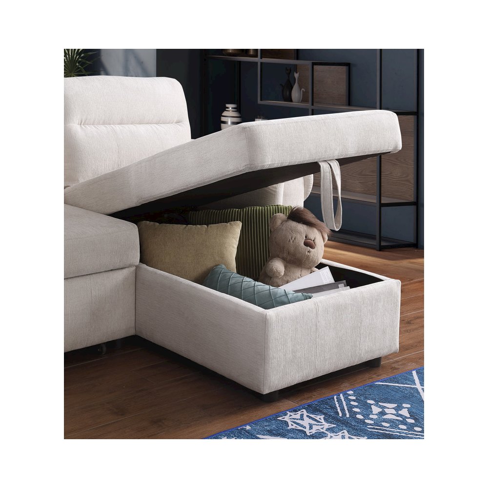 97"W Beige Chenille Reversible Sleeper Sectional Sofa Chaise with USB Charger. Picture 8