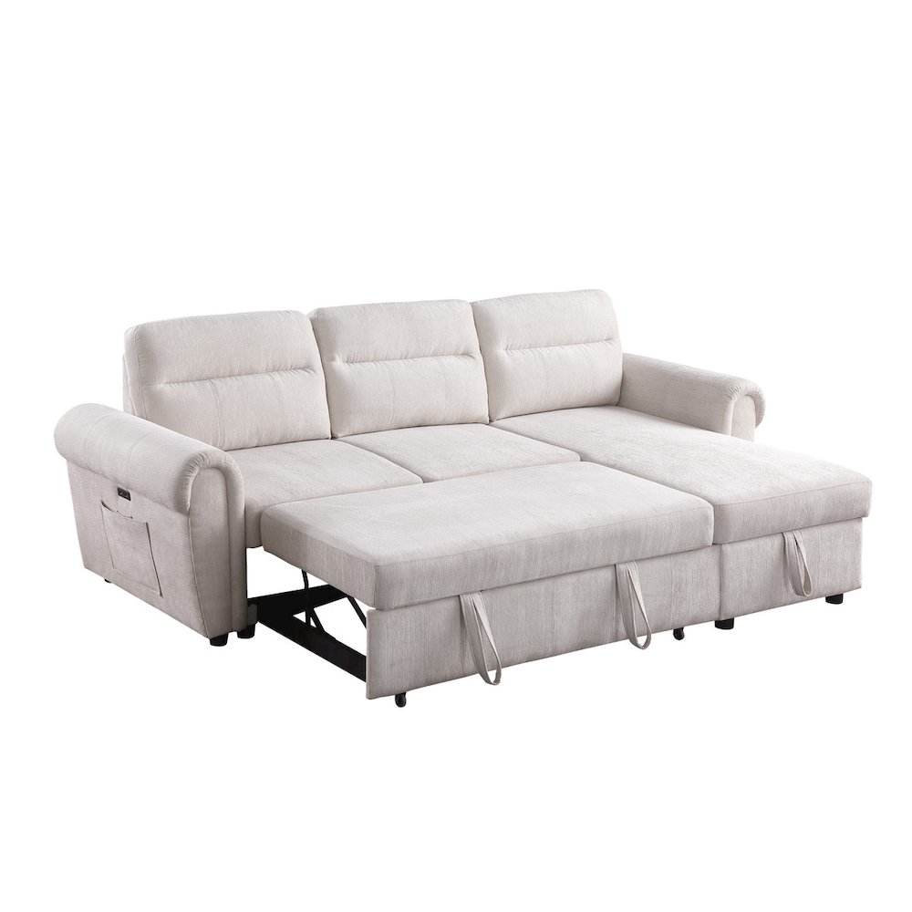 97"W Beige Chenille Reversible Sleeper Sectional Sofa Chaise with USB Charger. Picture 1