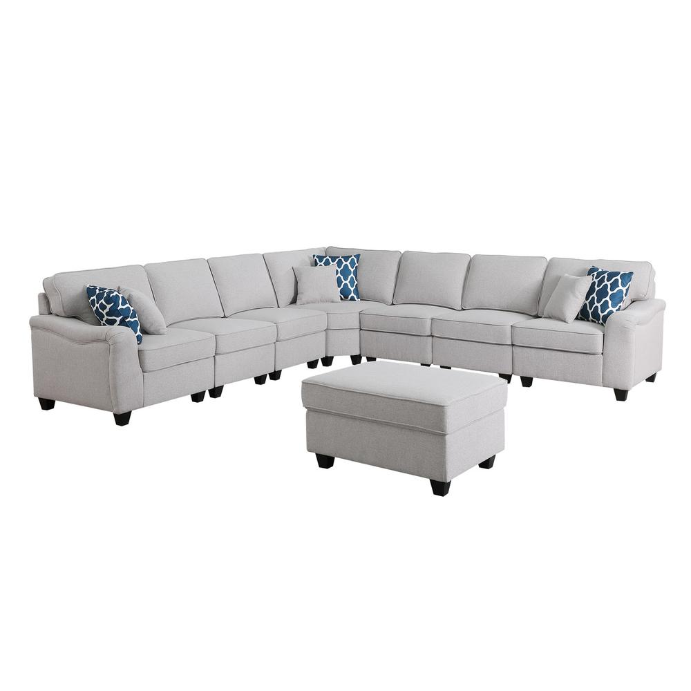 Leo Light Gray Linen 8Pc Modular L-Shape Sectional Sofa and Ottoman. Picture 1