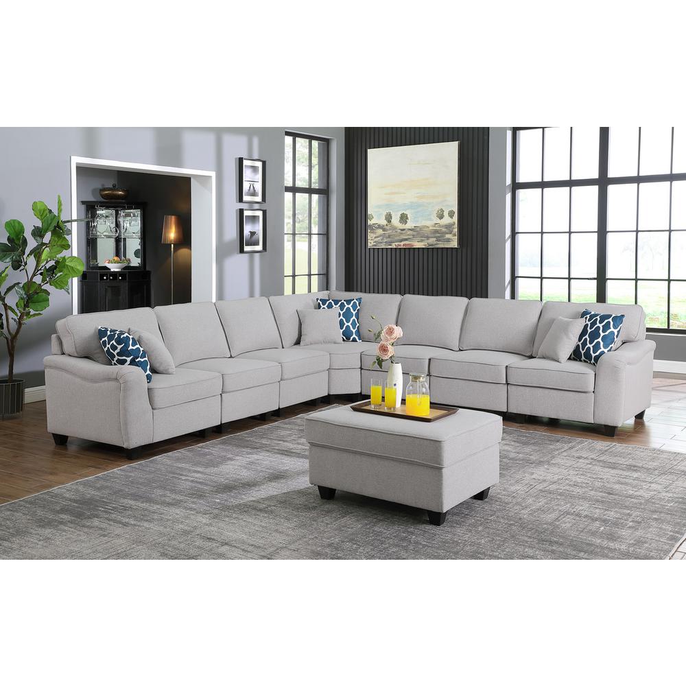 Leo Light Gray Linen 8Pc Modular L-Shape Sectional Sofa and Ottoman. Picture 4