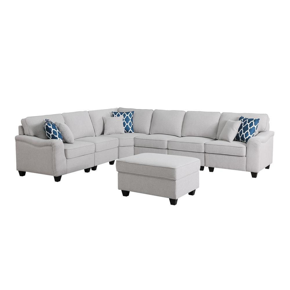 Leo Light Gray Linen 7Pc Modular L-Shape Sectional Sofa and Ottoman. Picture 1