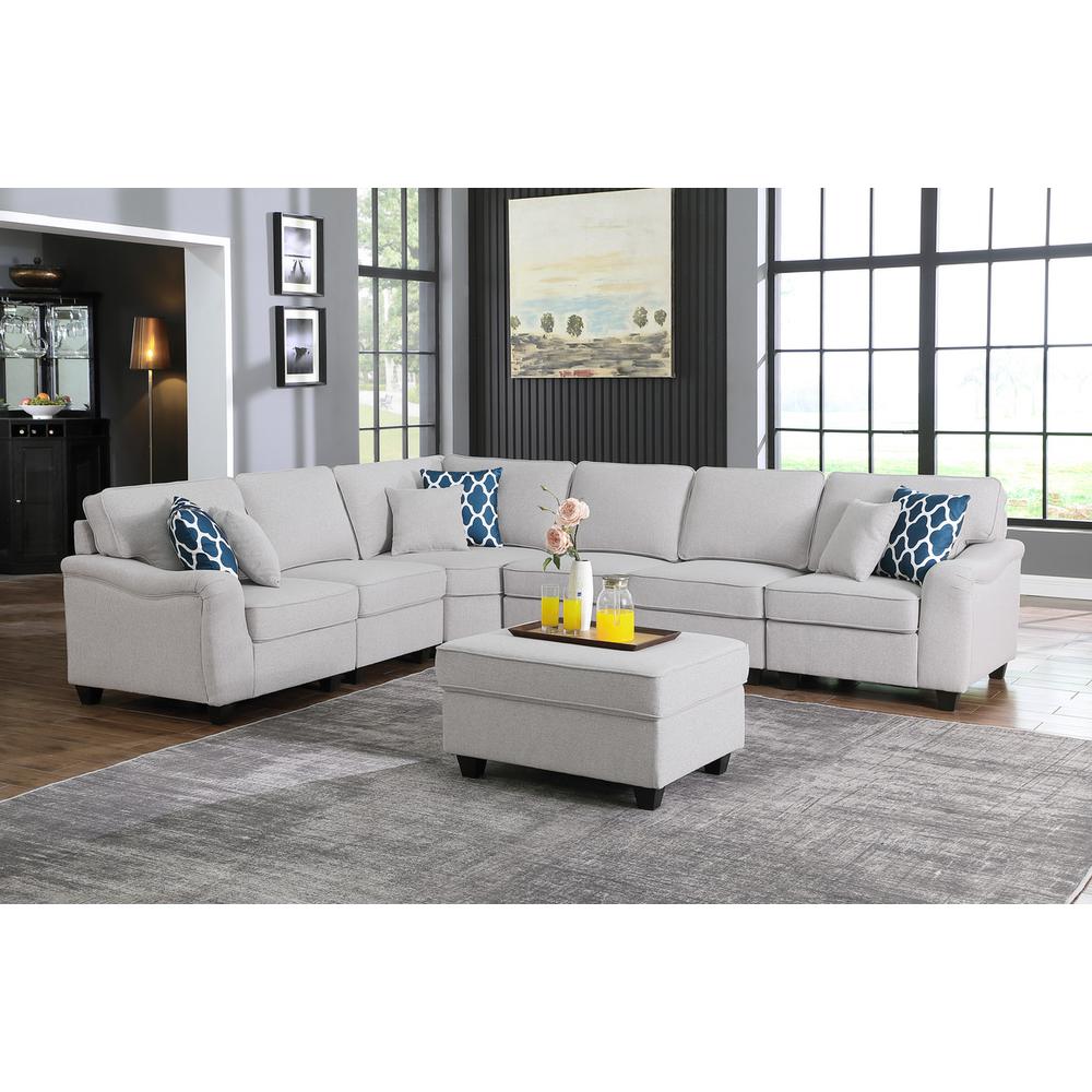 Leo Light Gray Linen 7Pc Modular L-Shape Sectional Sofa and Ottoman. Picture 4