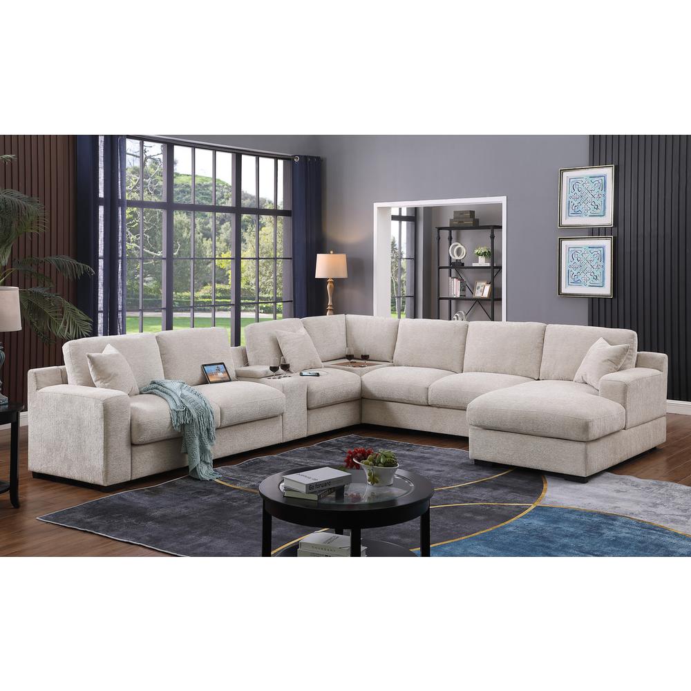 Fabric Corner Sectional Sofa with Right-Facing Chaise, Cupholders. Picture 4