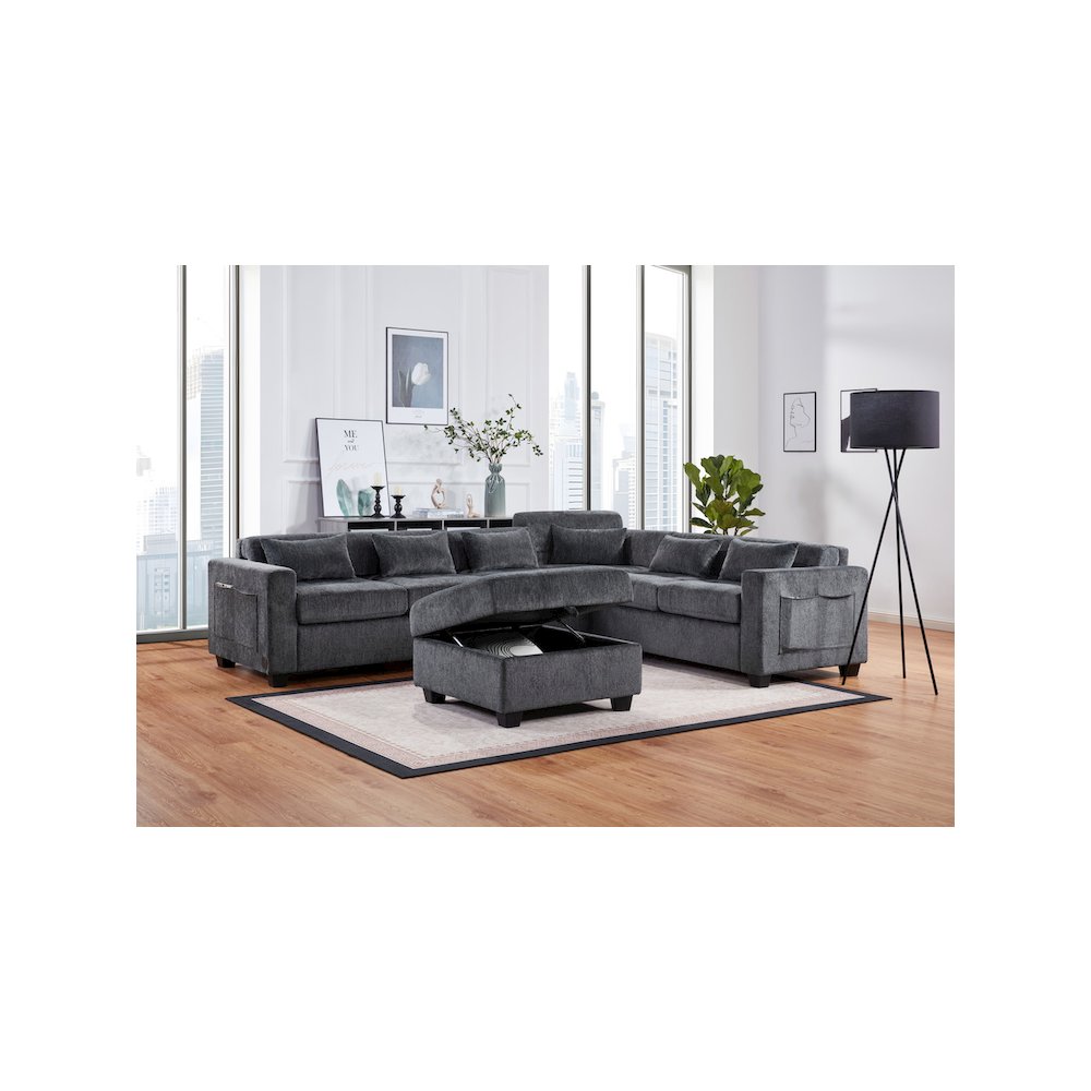 Trey 115"W Gray Chenille Sectional Sofa with Adjustable Backrest. Picture 4