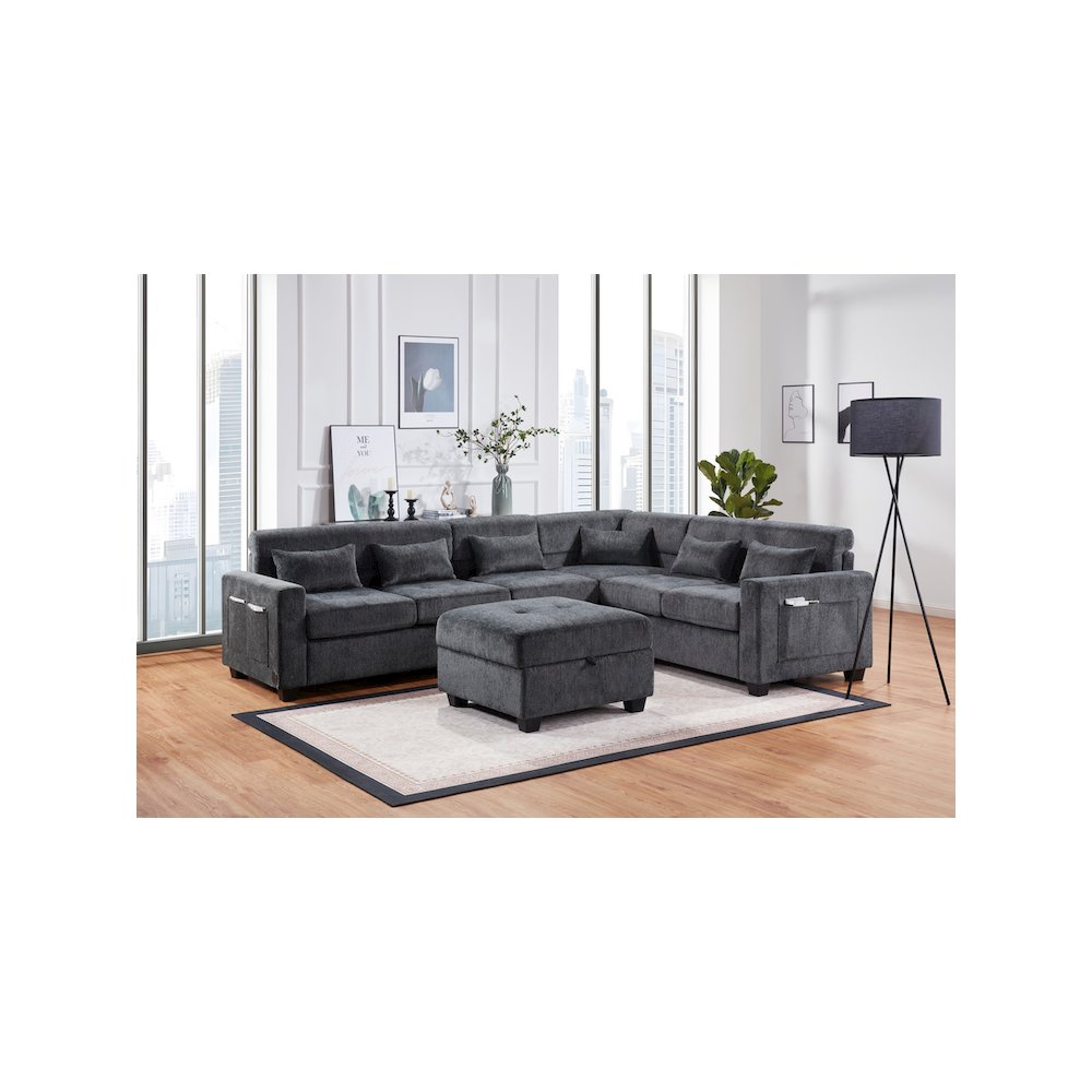 Trey 115"W Gray Chenille Sectional Sofa with Adjustable Backrest. Picture 2